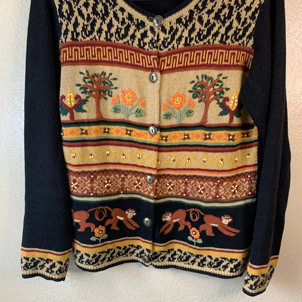 Vintage Arriviste Embroidered Beaded Monkey Novelty Print Cardigan Size M - Picture 5 of 13